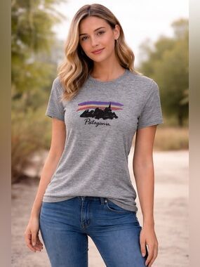 Patagonia Heather Gray Tee with Multicolor Mountain Patch